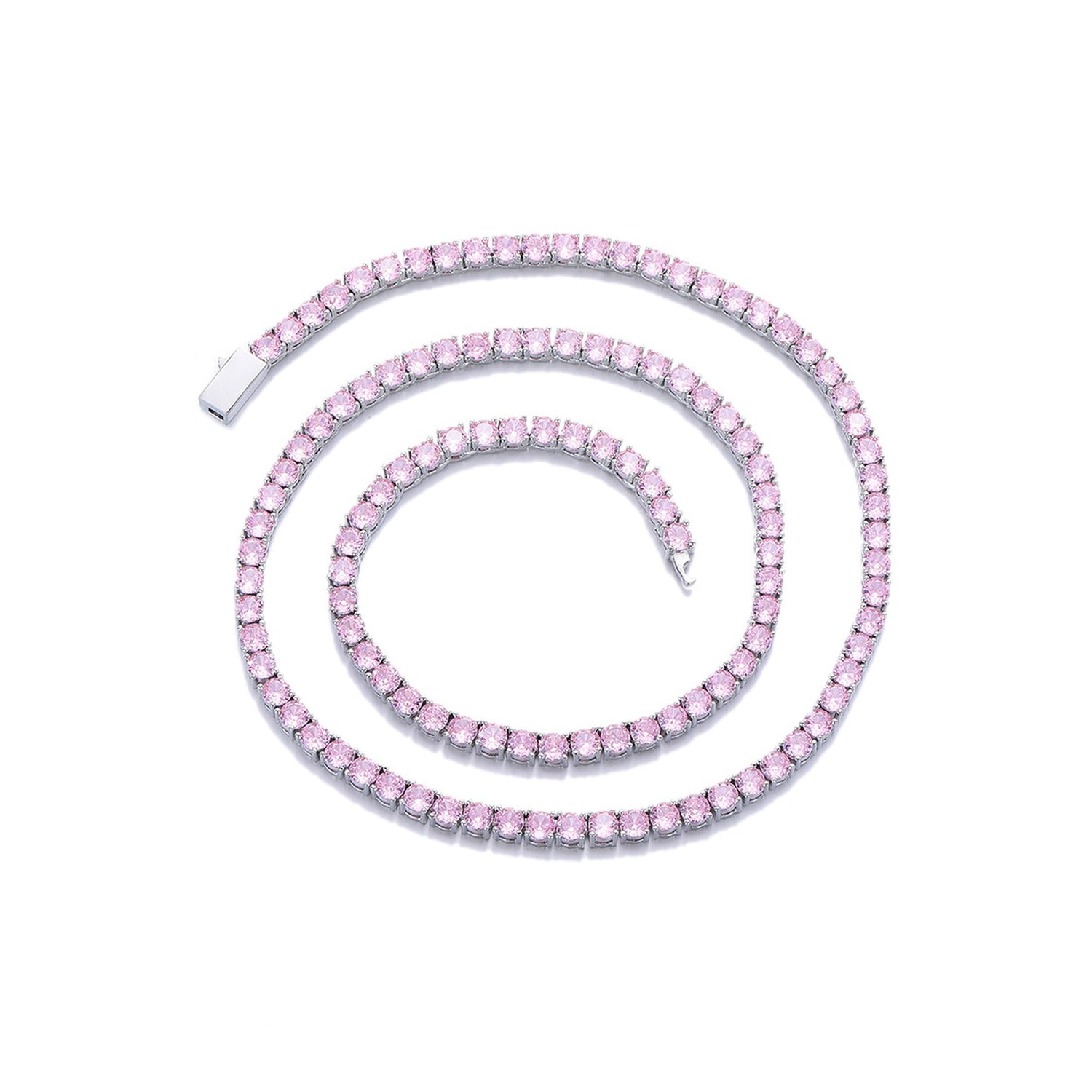 White-background product view of 4mm iced pink CZ tennis chain necklace