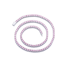 White-background product view of 4mm iced pink CZ tennis chain necklace