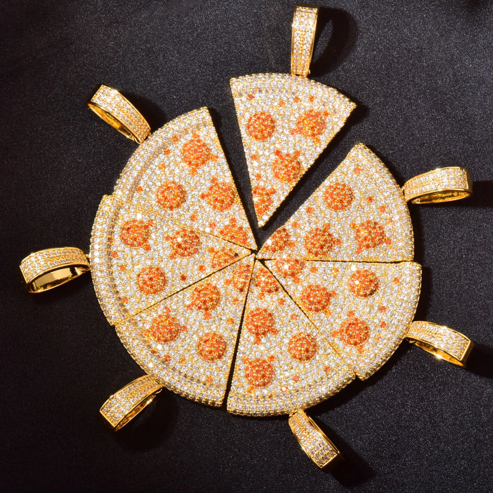 Gold-tone pizza slice pendants arranged in a circle with one slice lifted