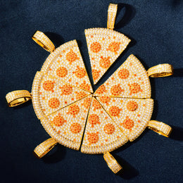 Gold-tone pizza slice pendants arranged as a pizza with a separated slice