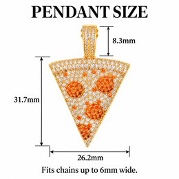 Upright pizza pendant size guide showing body width, body height, bail height and maximum chain fit
