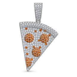 Silver-tone pizza slice pendant with clear pavé and orange topping details on white