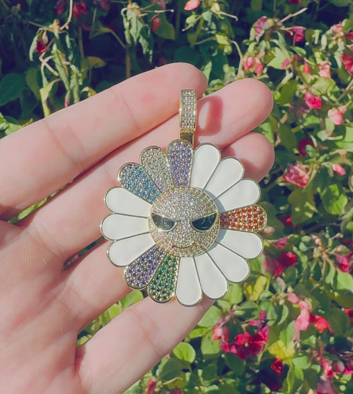 Rotating Iced Out Sunflower Pendant