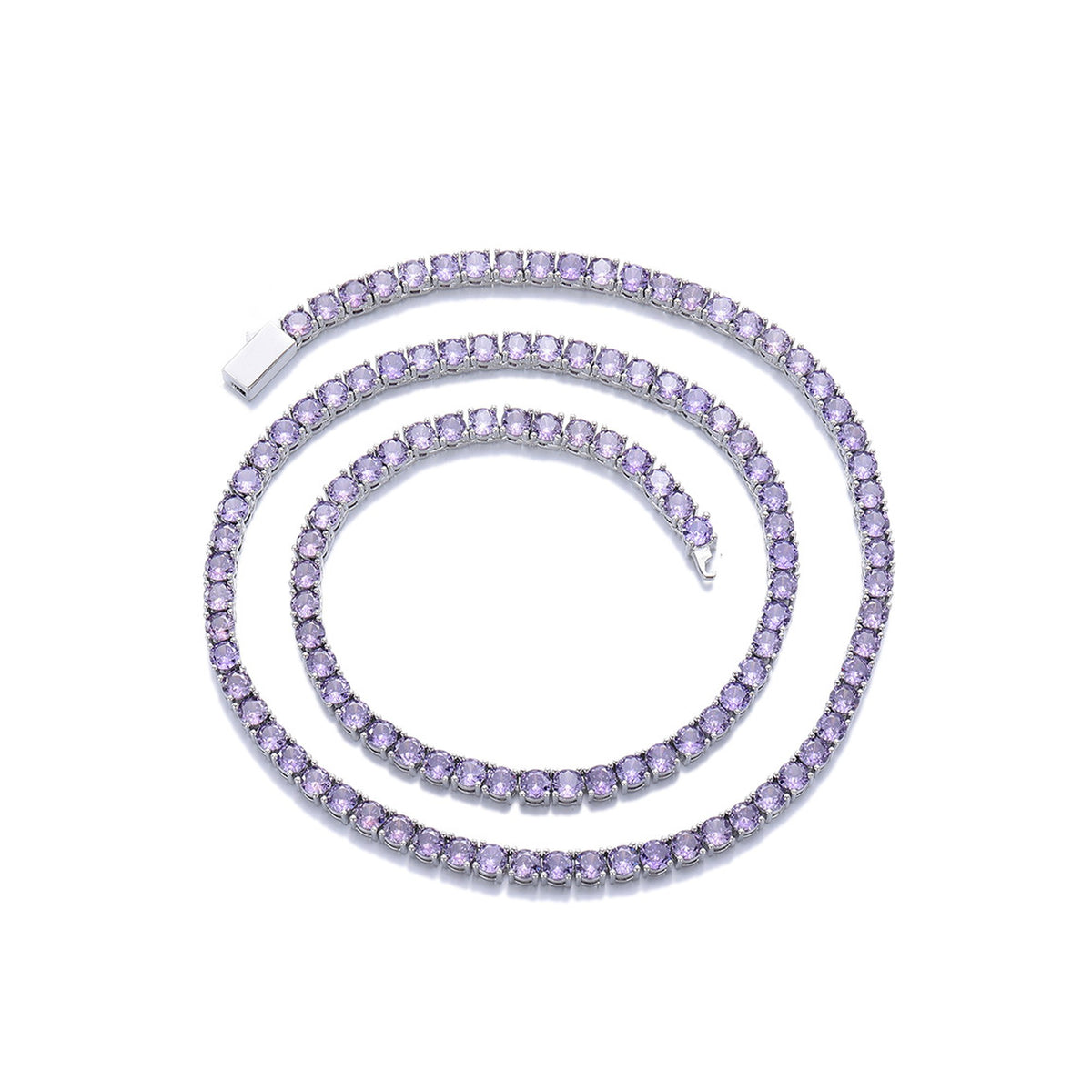 Purple-stone tennis necklace arranged in a spiral on white