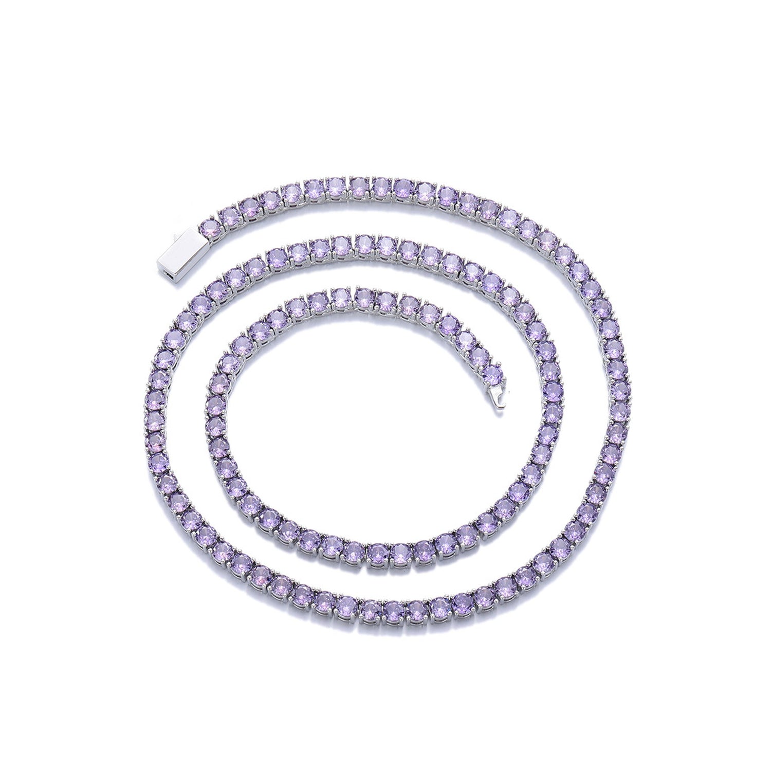 White-background product view of 4mm iced purple CZ tennis chain necklace