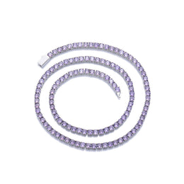 White-background product view of 4mm iced purple CZ tennis chain necklace