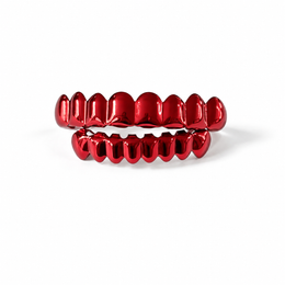 Red upper and lower grillz with a glossy finish on a white background