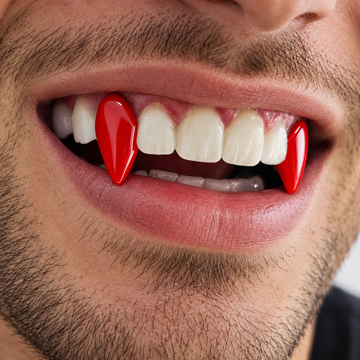Close-up of a model wearing glossy red vampire fangs