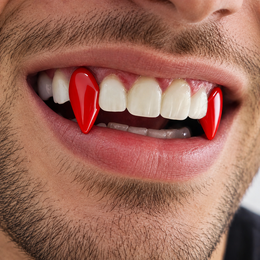 Close-up of a model wearing glossy red vampire fangs