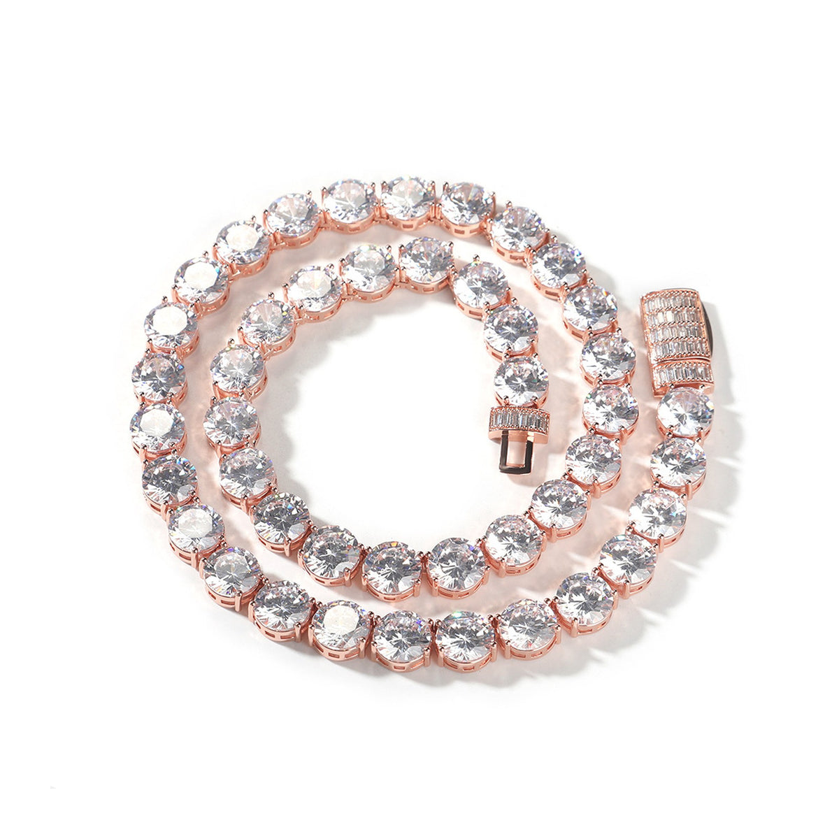 Rose-gold-tone round cubic zirconia tennis chain with the safety box clasp open