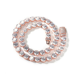 Rose-gold-tone round cubic zirconia tennis chain with the safety box clasp open