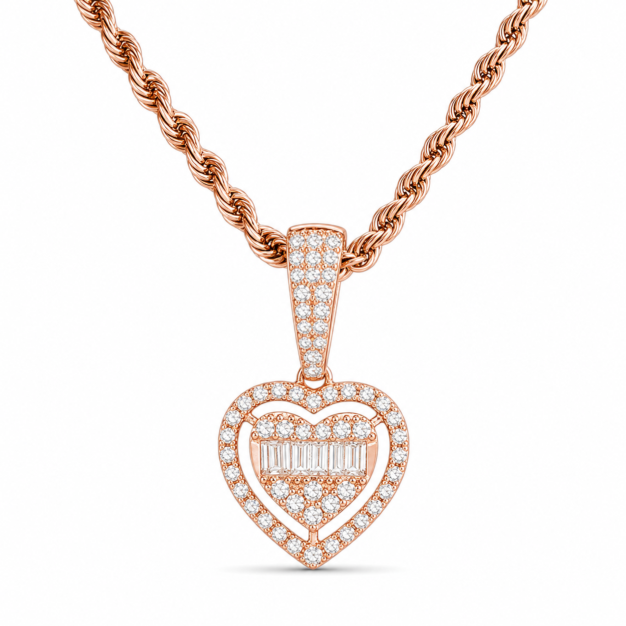 Rose gold finish moissanite heart pendant in 925 sterling silver