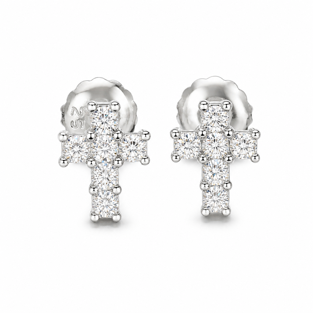Moissanite Cross Stud Earrings Screw Back - 925 Sterling Silver