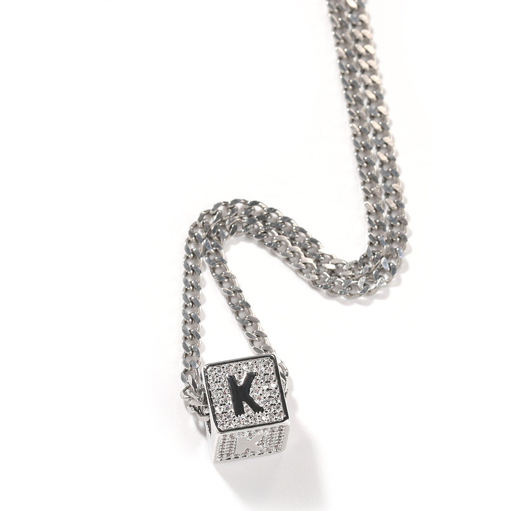 Silver letter K iced alphabet block pendant with Cuban chain