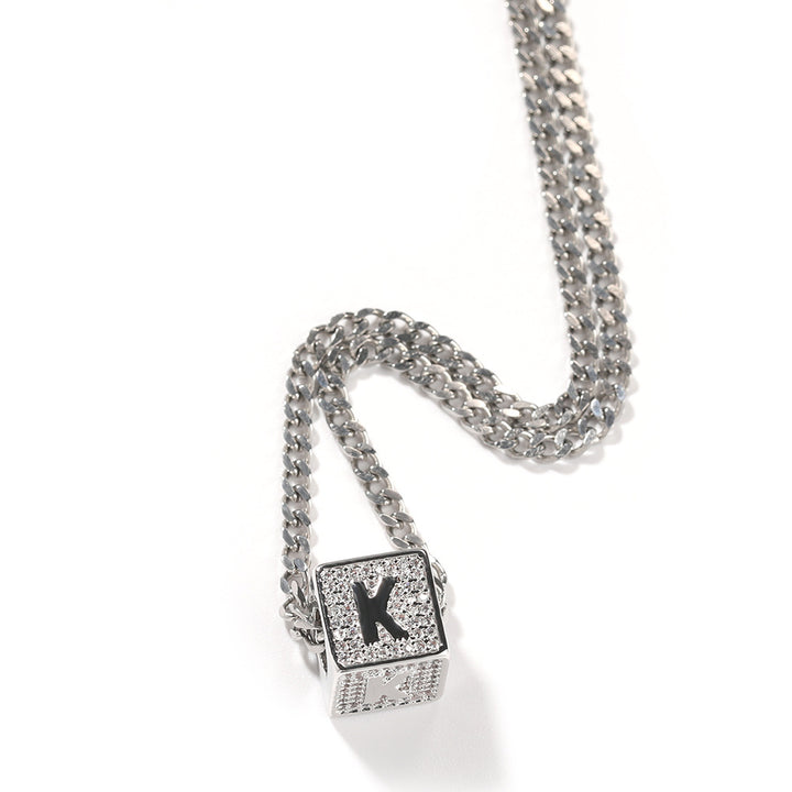 Silver letter K iced alphabet block pendant with Cuban chain