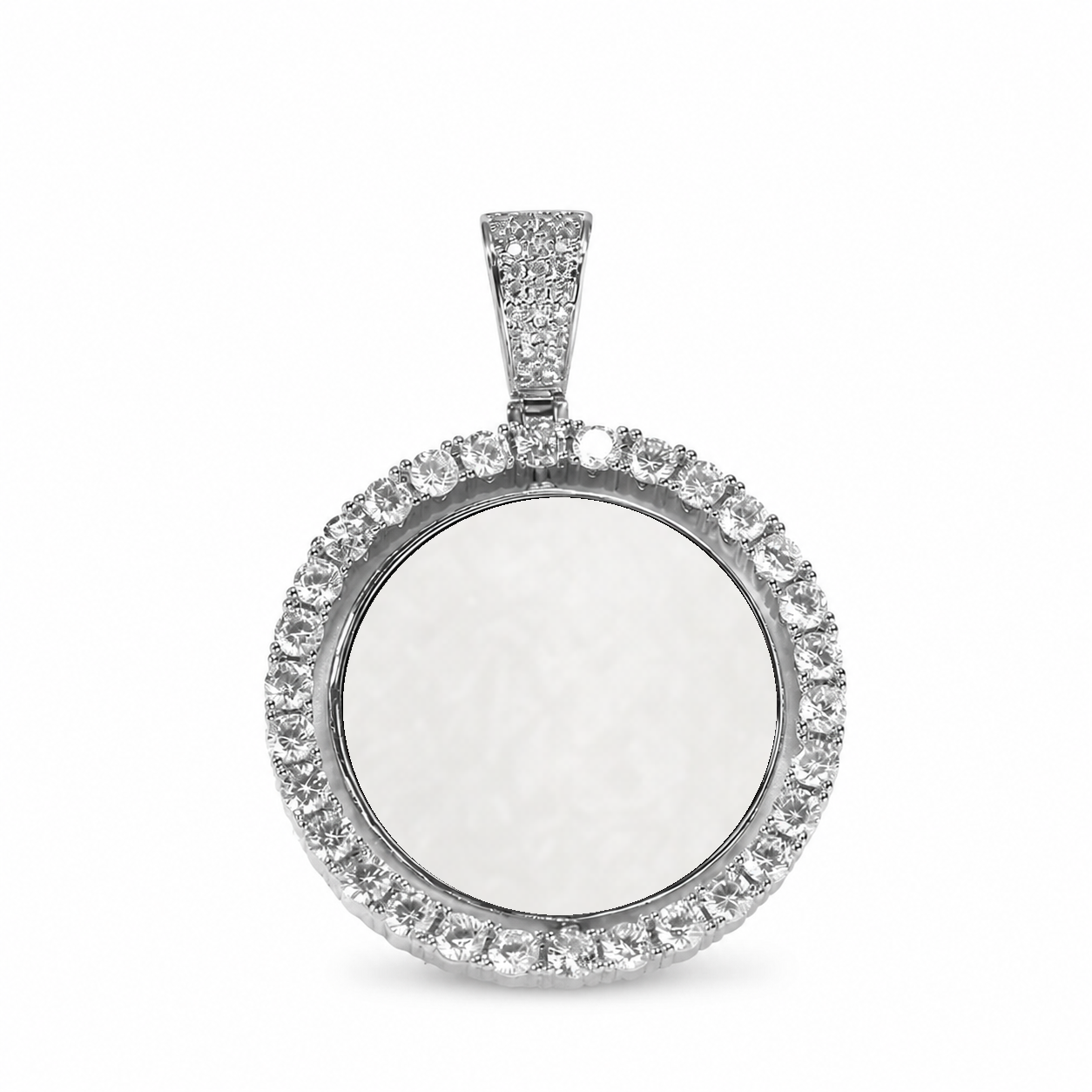 Silver-tone round pendant with a white photo-customization area and stone-set rim