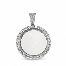 Silver-tone round pendant with a white photo-customization area and stone-set rim