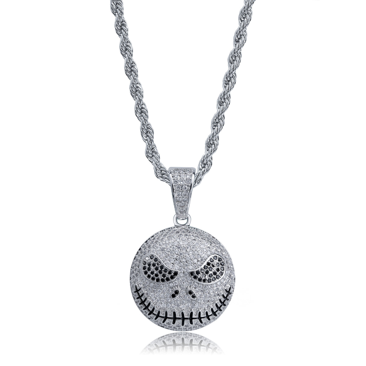 Silver iced stitched skull face pendant
