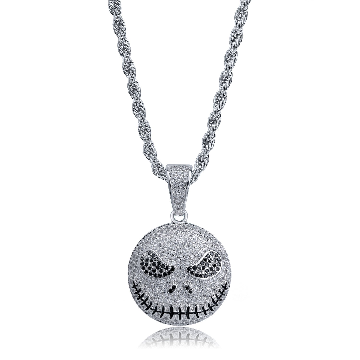 Silver iced stitched skull face pendant