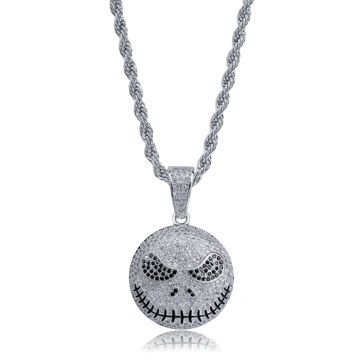 Silver iced stitched skull face pendant