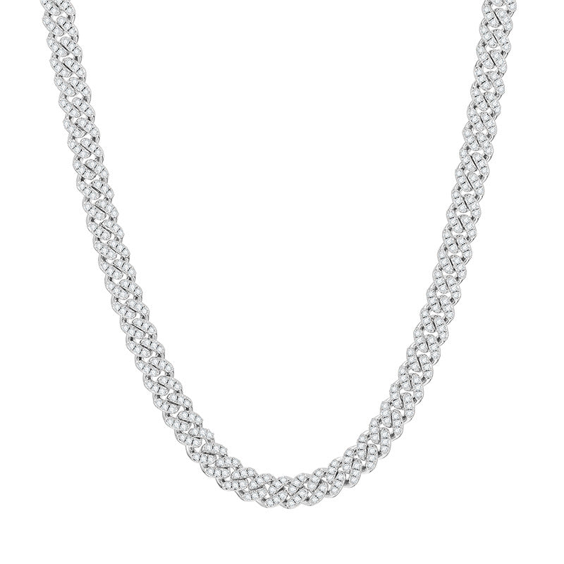 Silver-tone moissanite Cuban link chain in a U-shaped drape on white