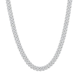 Silver-tone moissanite Cuban link chain in a U-shaped drape on white