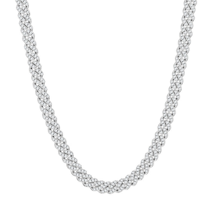 Silver-tone moissanite Cuban link chain in a U-shaped drape on white