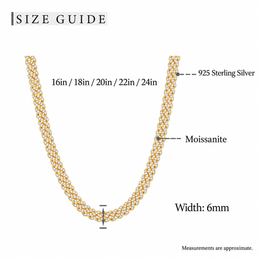 Size guide for the 6mm moissanite Cuban chain with 16in, 18in, 20in, 22in and 24in options