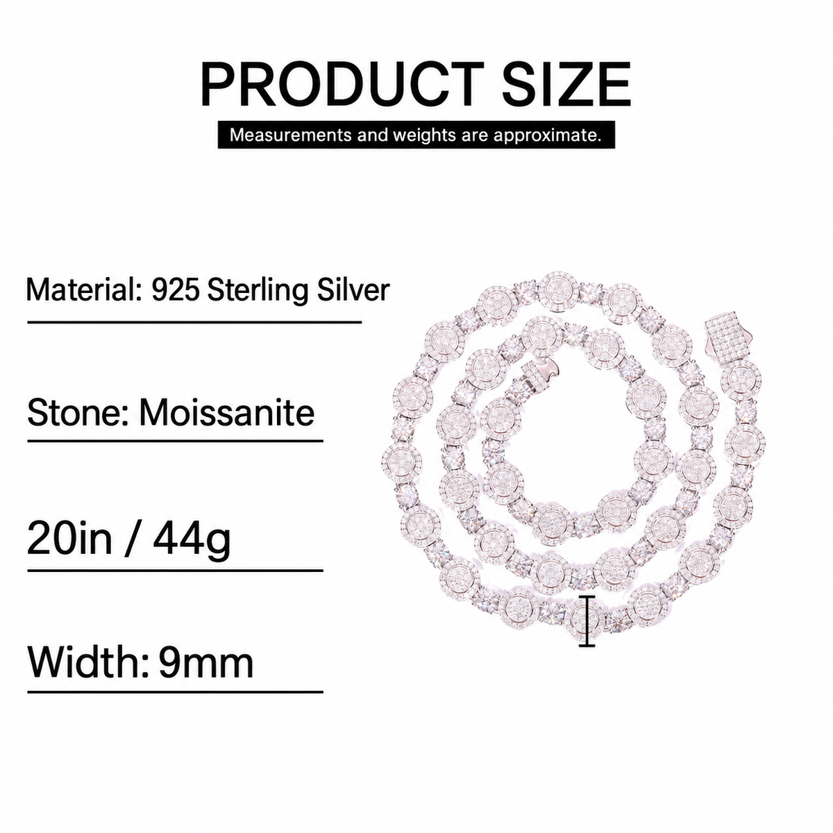 Size guide for the 9mm moissanite halo tennis chain, with a 20in reference weight of 44g