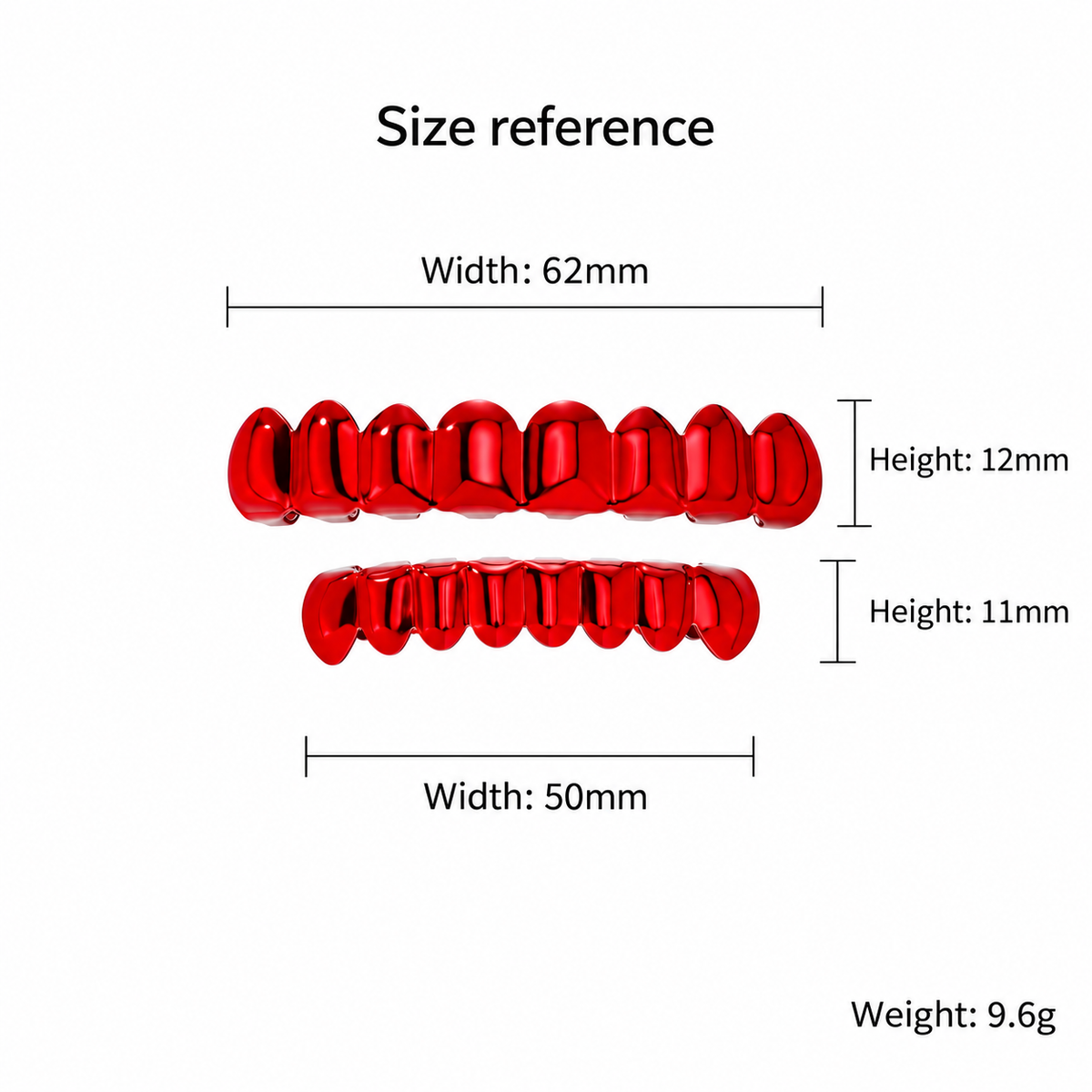 Size reference diagram for the pictured smooth red upper and lower grillz