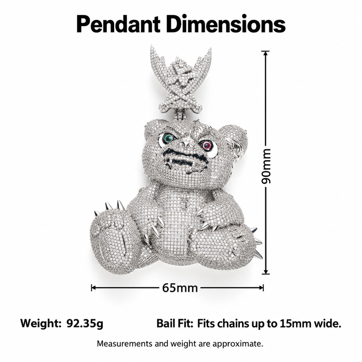 Bear pendant dimension diagram showing width, total height, weight and bail fit