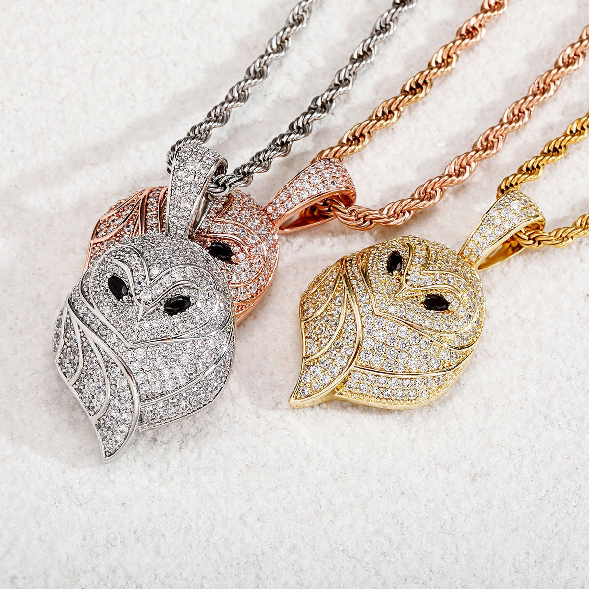 Gold silver and rose gold iced small owl pendants