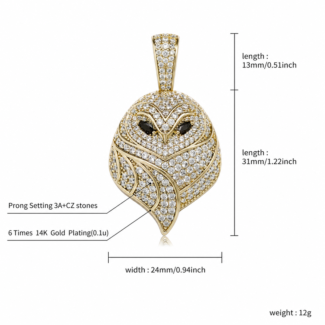 Gold iced small owl pendant English size guide
