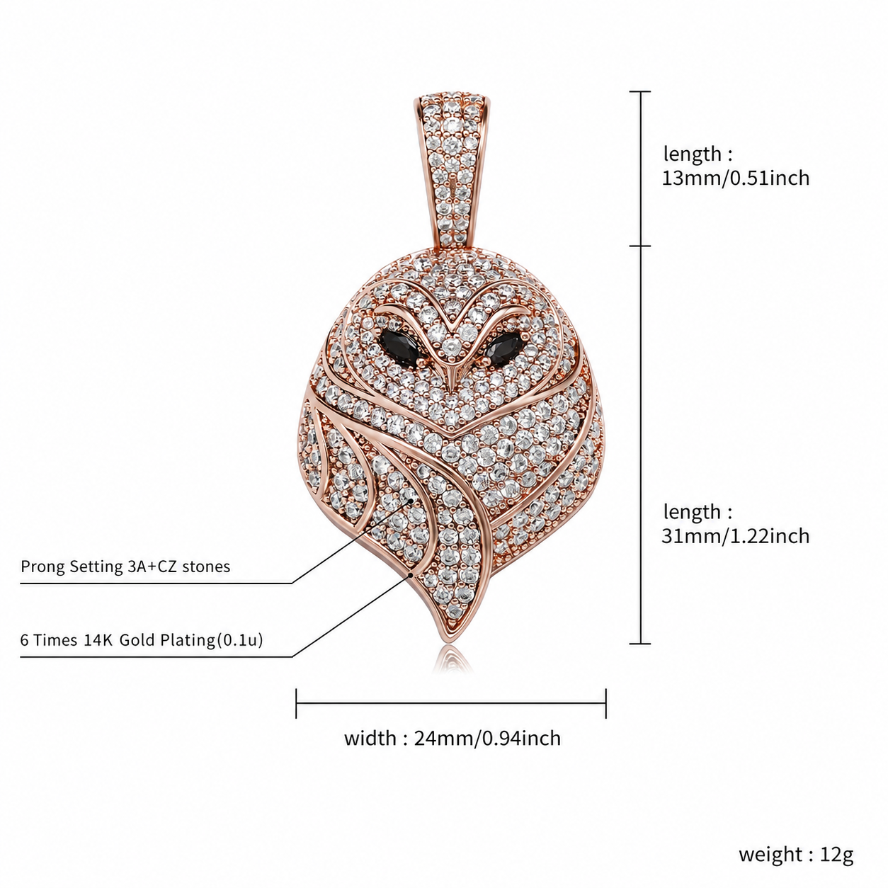 Rose gold iced small owl pendant English size guide