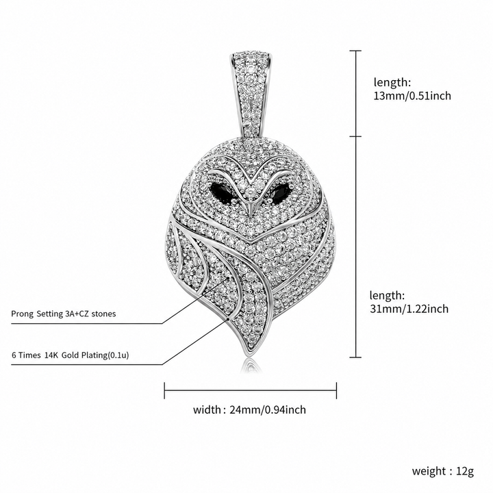 Silver iced small owl pendant English size guide