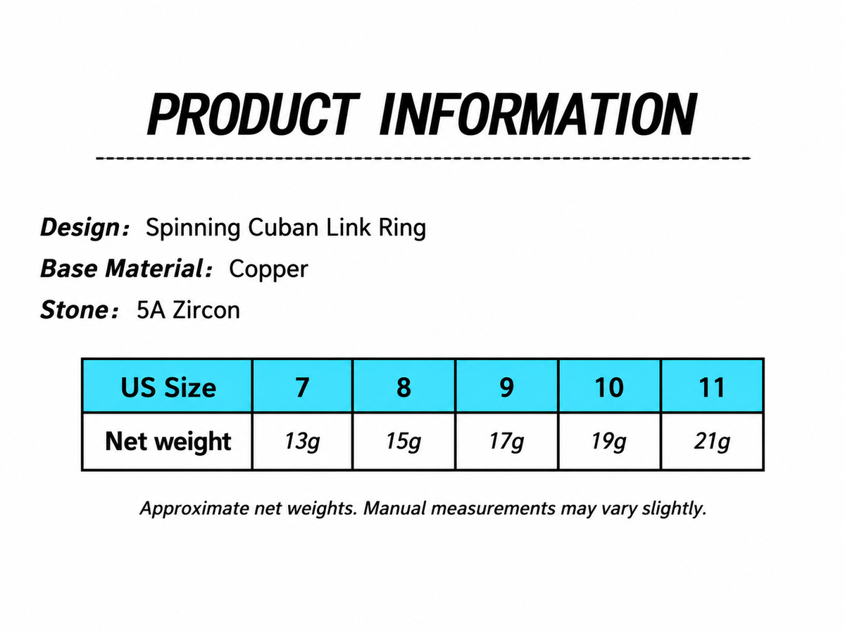 Spinning Cuban link ring materials and net weight by size