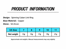 Spinning Cuban link ring materials and net weight by size