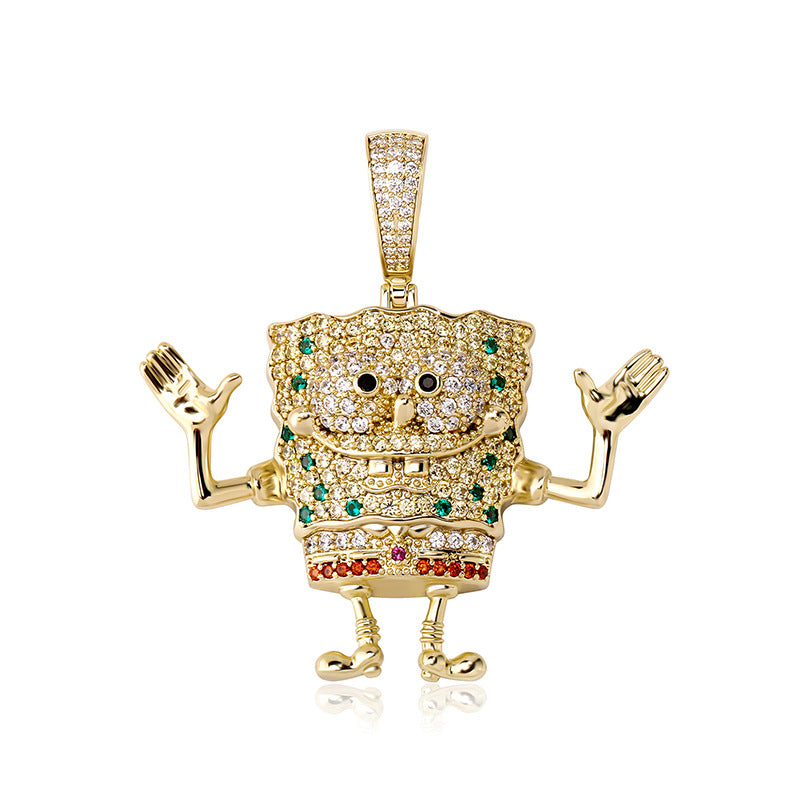 Gold iced cartoon sea sponge pendant with multicolor stones
