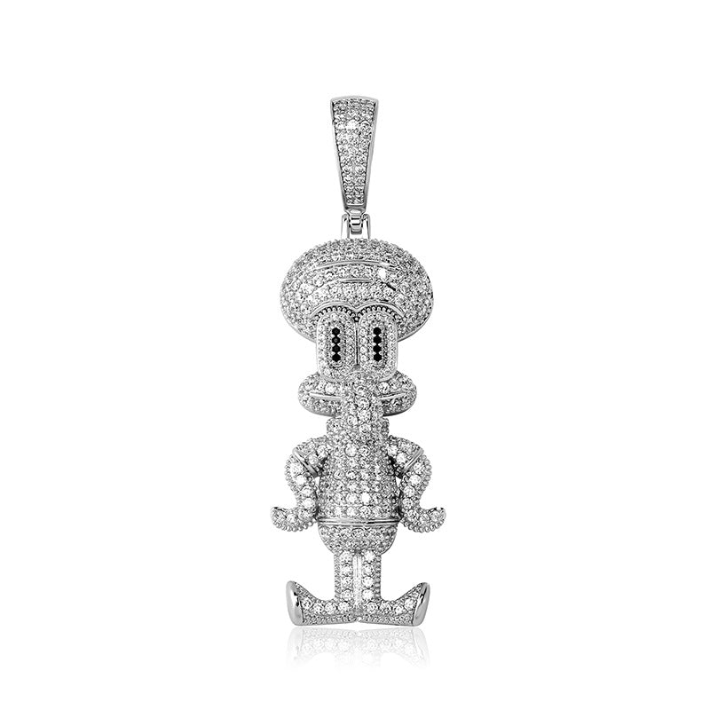 Silver iced cartoon squid character pendant on white