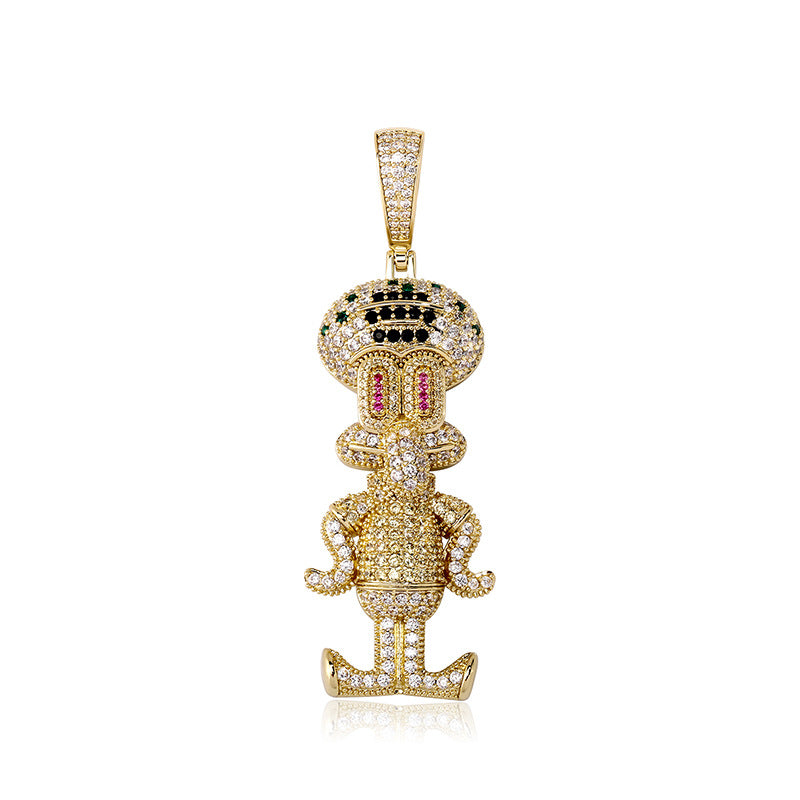 Gold iced cartoon squid character pendant with multicolor stones