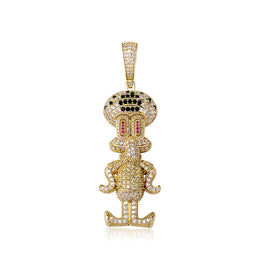 Gold iced cartoon squid character pendant with multicolor stones