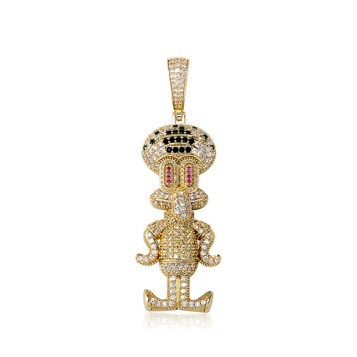 Gold iced cartoon squid character pendant with multicolor stones