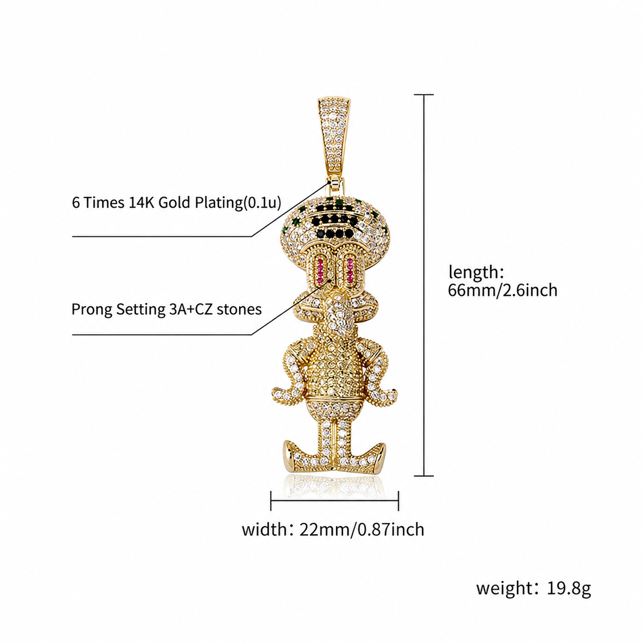 Iced cartoon squid character pendant English size guide