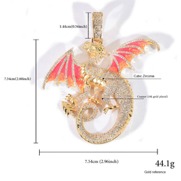 Size guide for the Gold dragon pendant with body measurements, bail height and reference weight