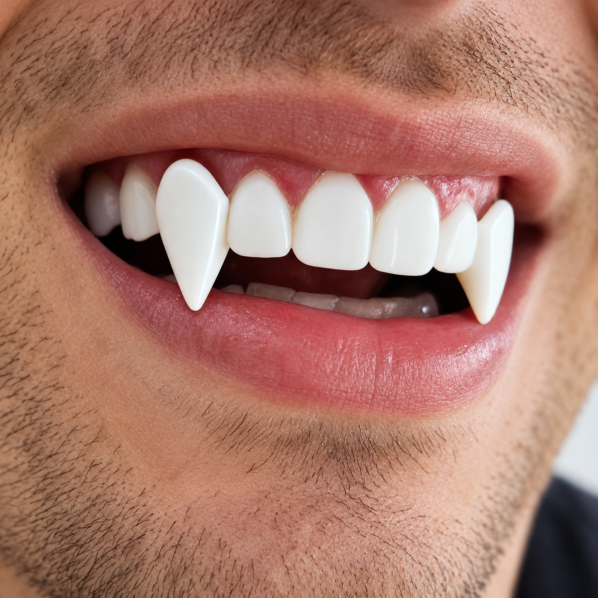 Close-up of a model wearing white vampire fangs