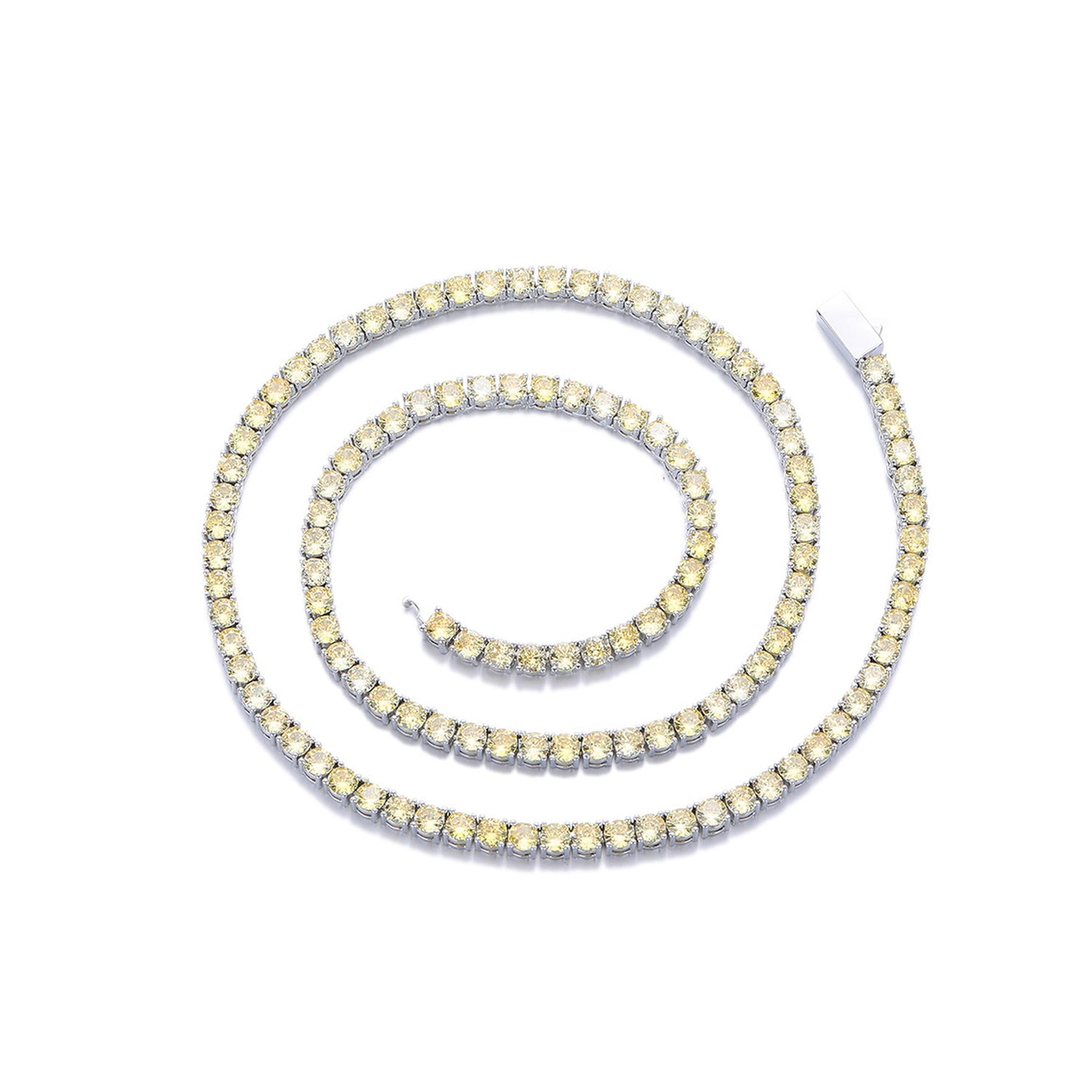 White-background product view of 4mm iced yellow CZ tennis chain necklace