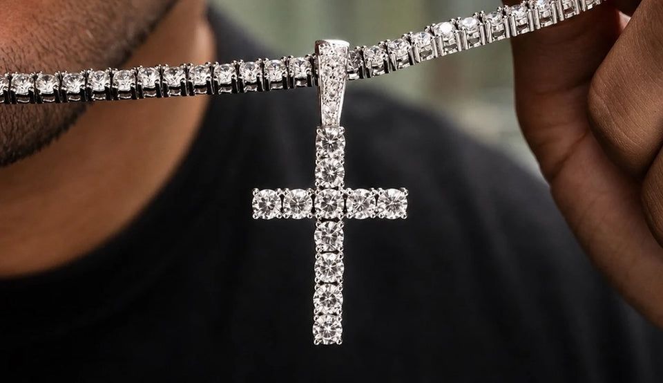 Iced cross pendant on a tennis chain