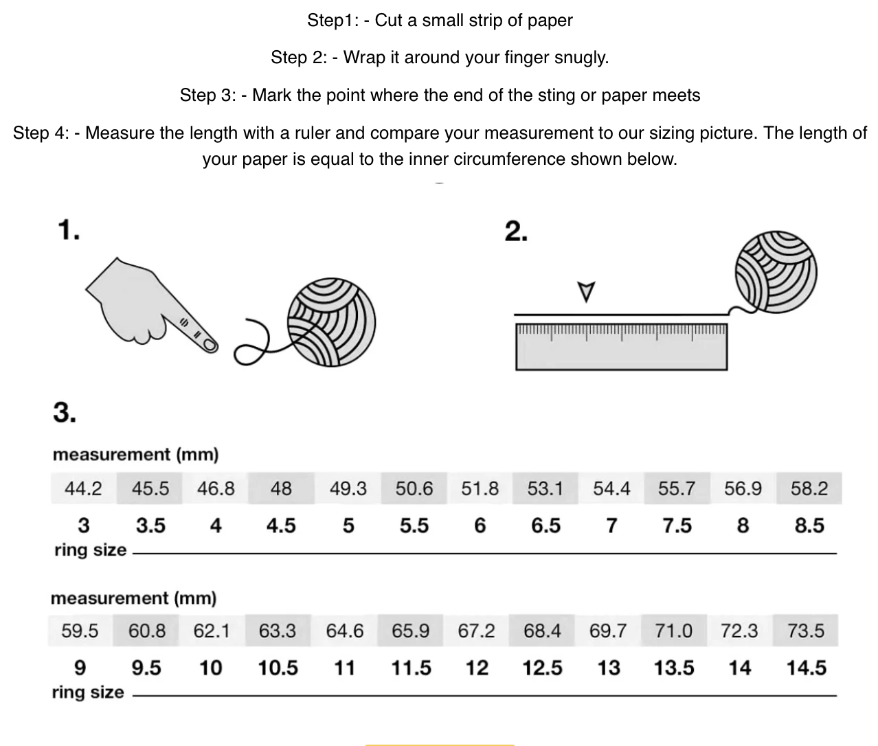 Ring size guide showing paper measurement steps and ring size conversion chart