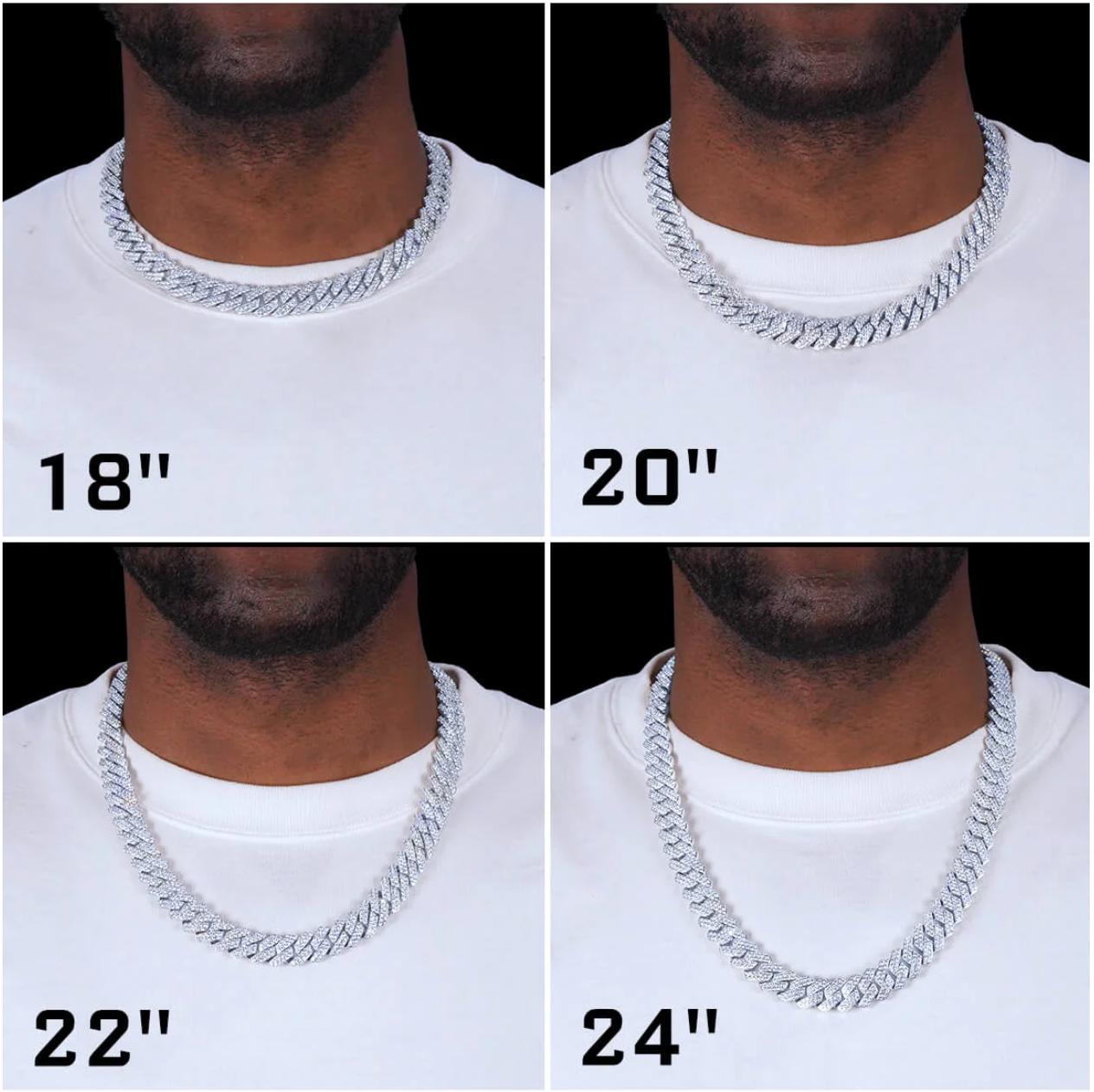Chain length size guide showing 18 inch, 20 inch, 22 inch, and 24 inch chain fits