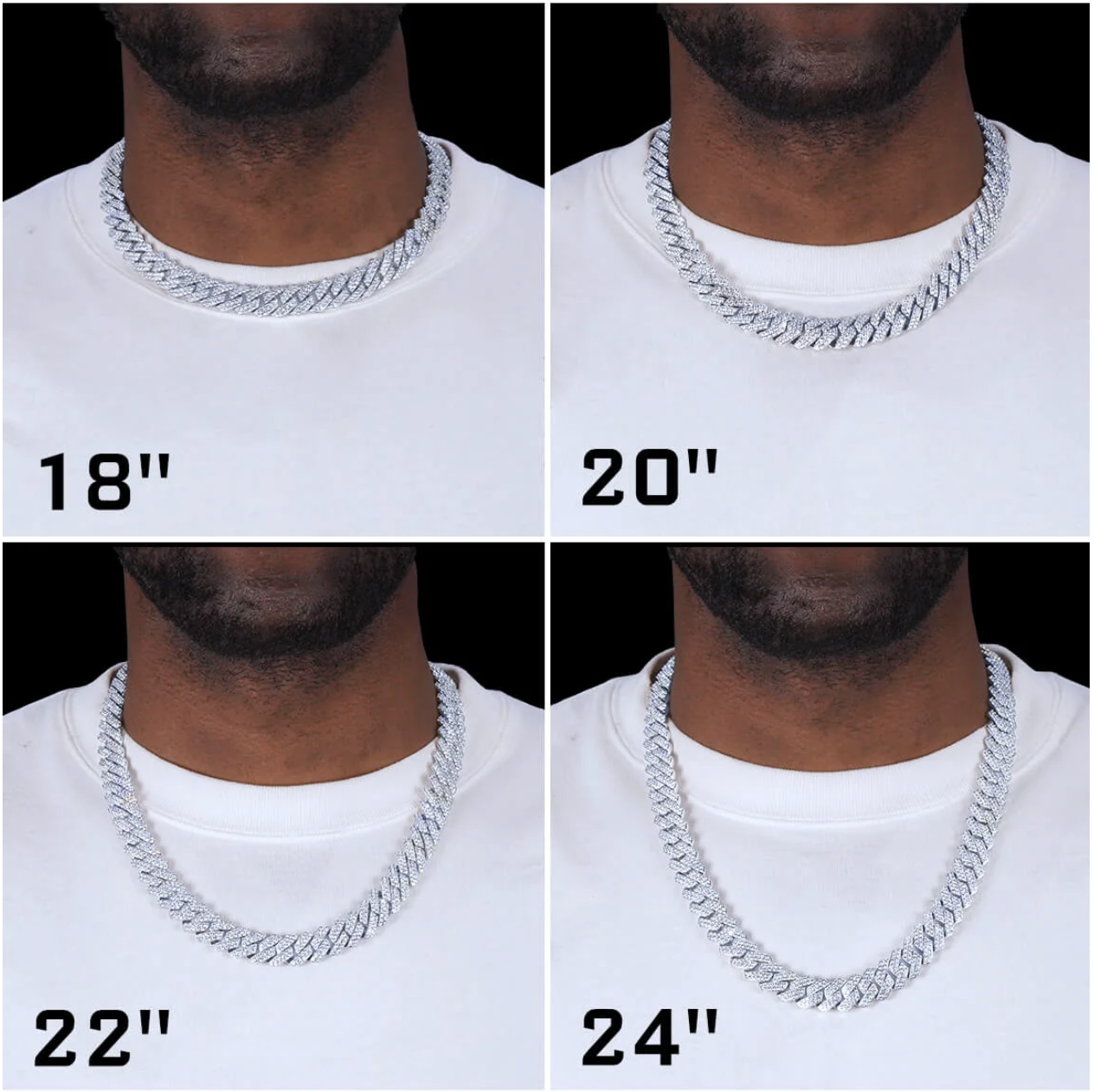Chain length size guide showing 18 inch, 20 inch, 22 inch, and 24 inch chain fits